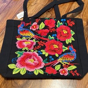 Vintage Black Tote with Multicolor Floral & Bird Embroidery